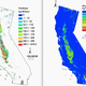 The map on the left shows fertilizer applications in California; the heaviest applications are clustered in the Central Valley. The map on the right shows NOx emissions. Emissions are highest where the most fertilizer is used.